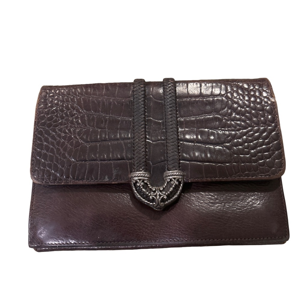 Brighton Vintage Chantilly Satchel Bag Two Tone Brown Black Croc Leather Silver
